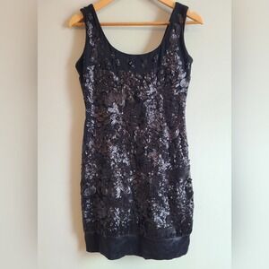Hale Bob Black Sleeveless Floral Sequin Low Back Cocktail Sheath Dress Medium